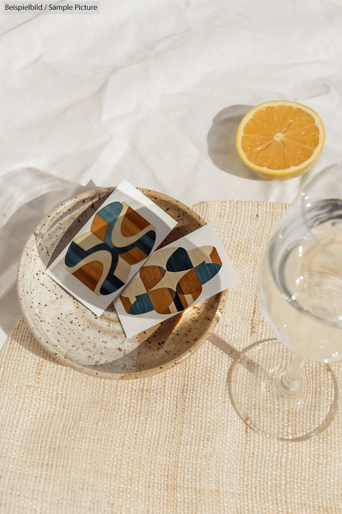 Plate with abstract art cards, wine glass, sliced lemon on a light textured surface.