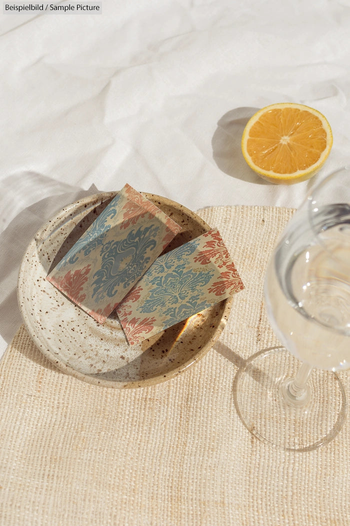 Vintage-patterned cards on a ceramic plate next to a sliced lemon and a glass of water on a textured surface.