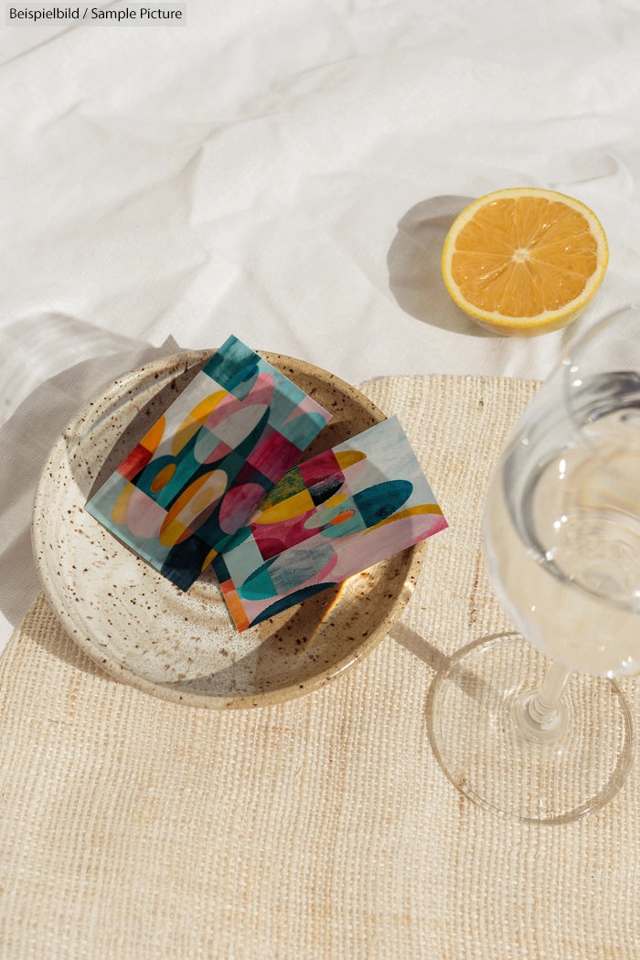 Abstract art cards on a speckled plate, a halved lemon, and a glass of wine on a textured mat.