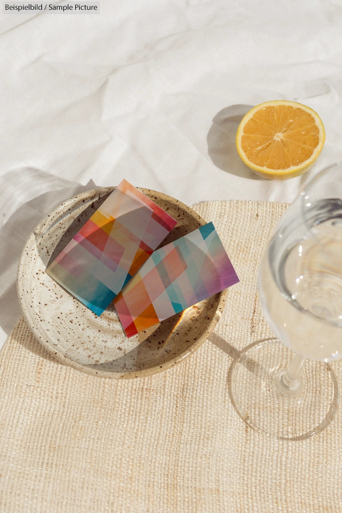 Abstract colorful cards on a speckled plate, beside a half orange and glass of white wine on a woven mat.