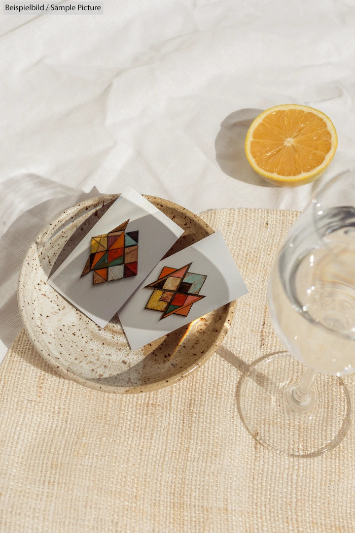 Geometric earrings on a speckled plate, half a lemon, and a glass of water on a beige fabric background.