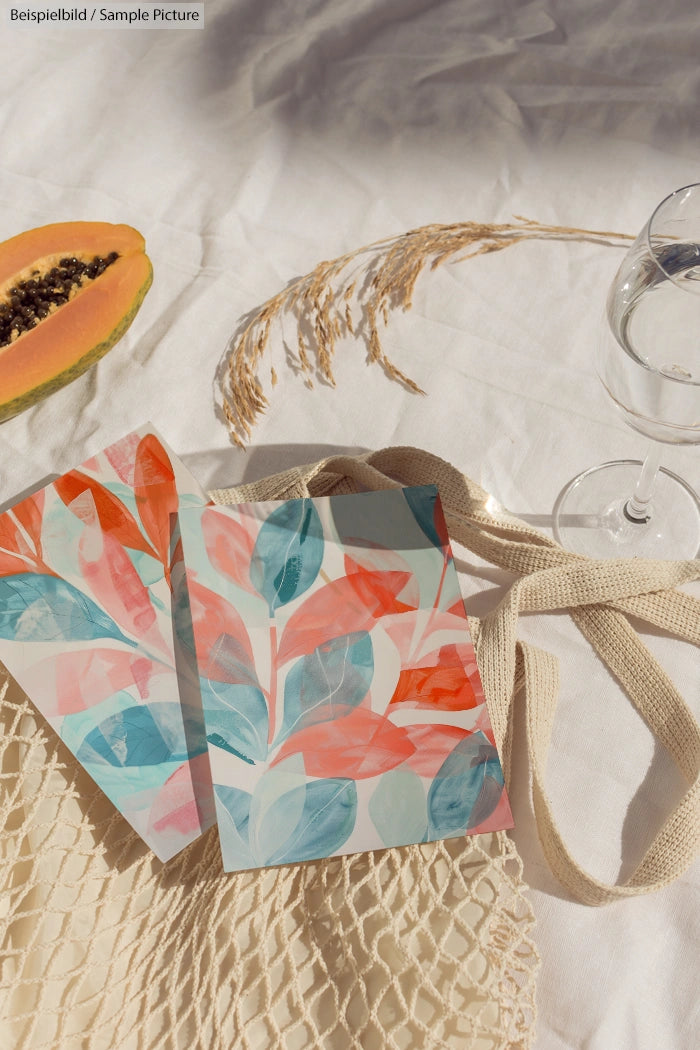 Tropical leaf print postcards on a cloth with papaya, wheat, and a glass of water, creating a summer vibe.