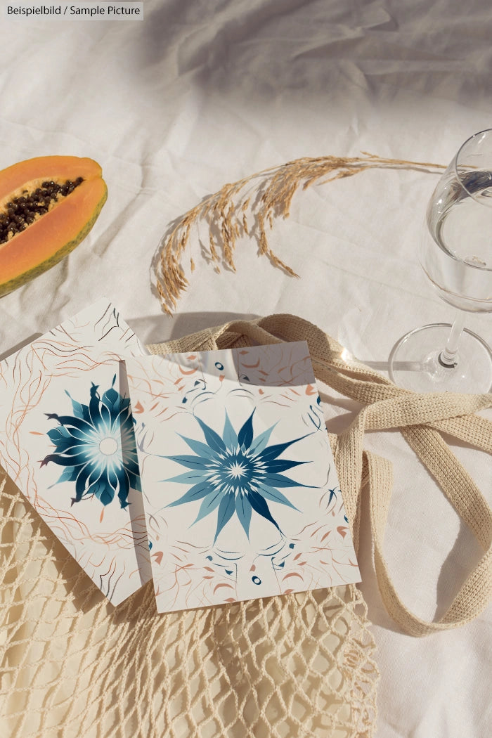 Two decorative cards with floral designs on a beige cloth next to a papaya slice and a wine glass.