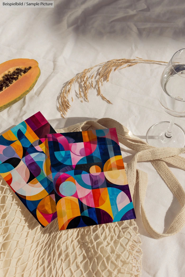 Colorful abstract paintings on a woven bag with a half papaya and wine glass on a white fabric background.