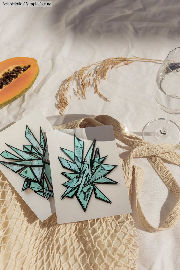 Abstract geometric artworks on cards, with papaya slice, glass, and netted bag on white cloth background.