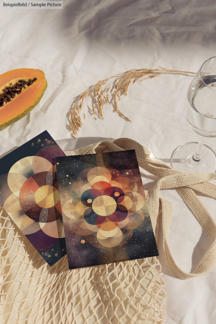 Abstract art cards on canvas bag, wine glass, papaya slice on white fabric with sunlight.