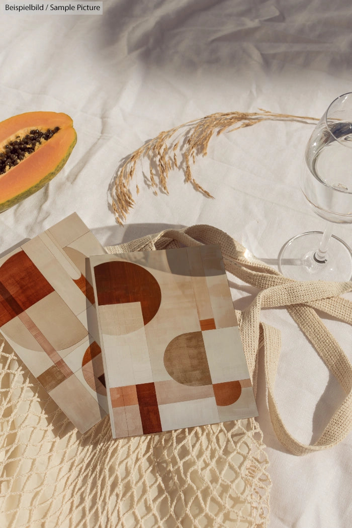 Abstract geometric art on cards, a papaya, and a wine glass on a white cloth.