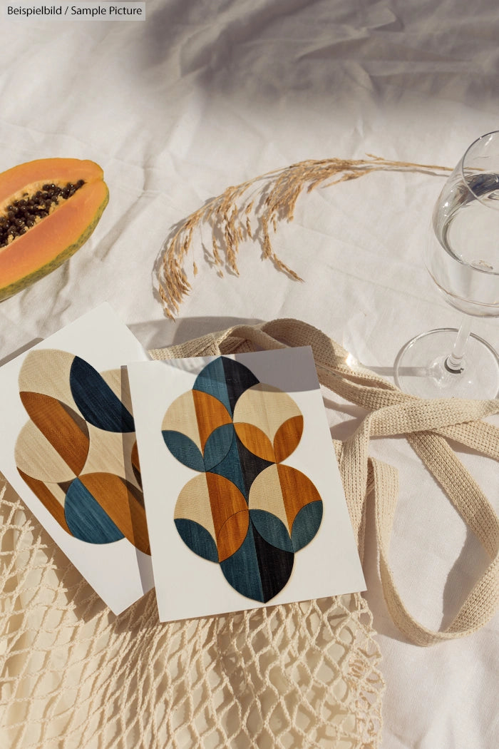 Geometric art cards on fabric with a papaya, dried flowers, and a glass of water.