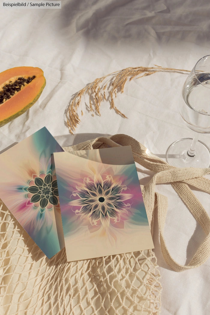 Two abstract floral art cards on a cloth with a fresh papaya, dry wheat stalks, and a glass of water.