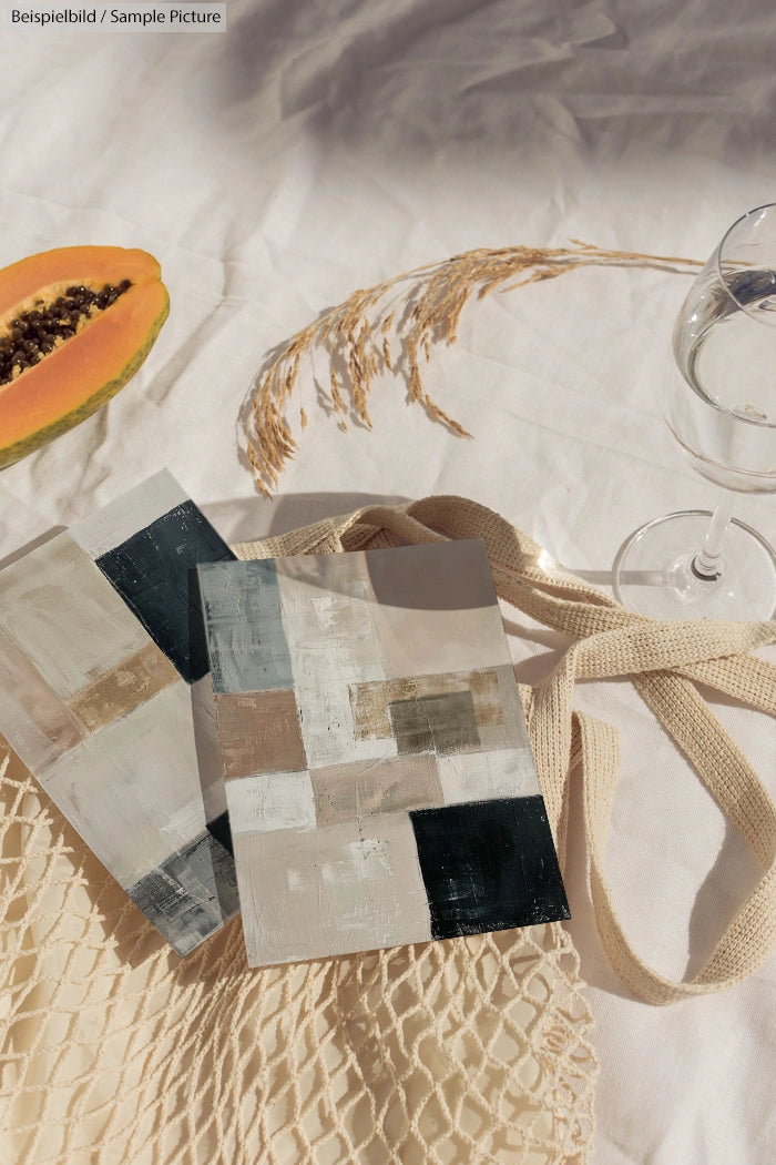 Minimalist art pieces with geometric patterns on a cloth, alongside a cut papaya and glass of water.