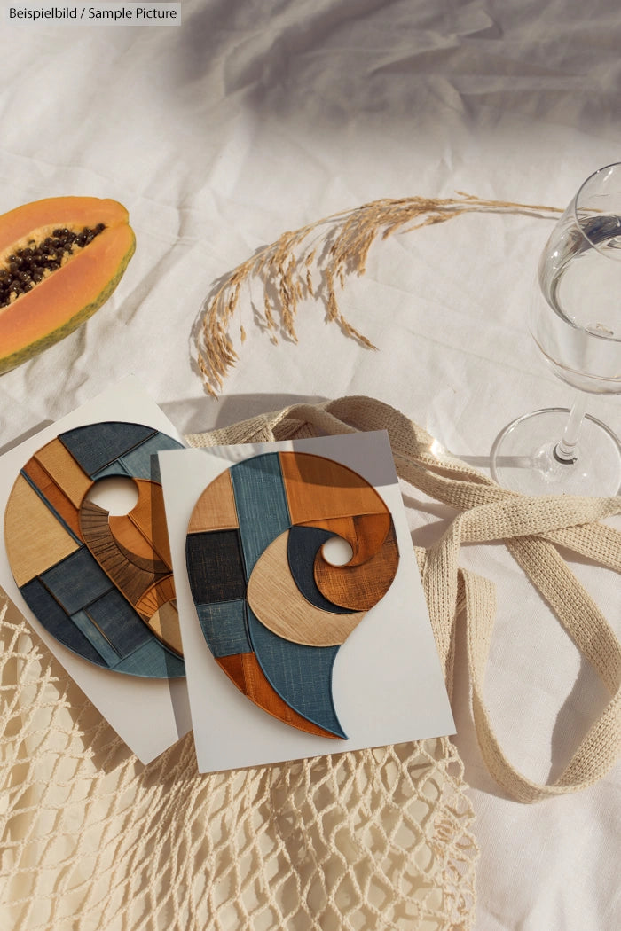 Wood art cards on fabric with papaya, glass, and wheat stalks; a serene arrangement evoking natural elegance.