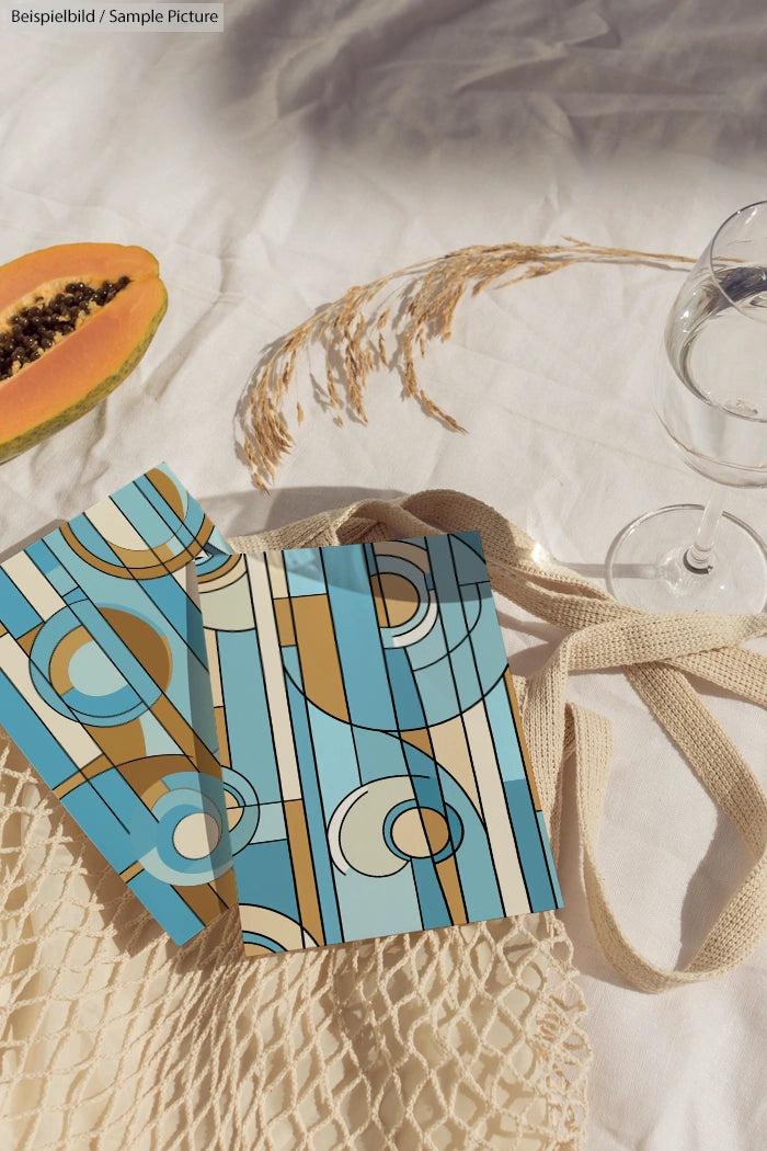 Abstract geometric art on blue cards, placed on linen with papaya, dried grass, net bag, and a wine glass.