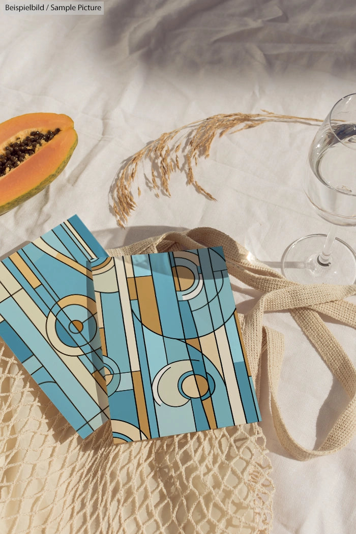 Geometric patterned cards on cloth with papaya, wheat, wine glass, and net bag under sunlight.