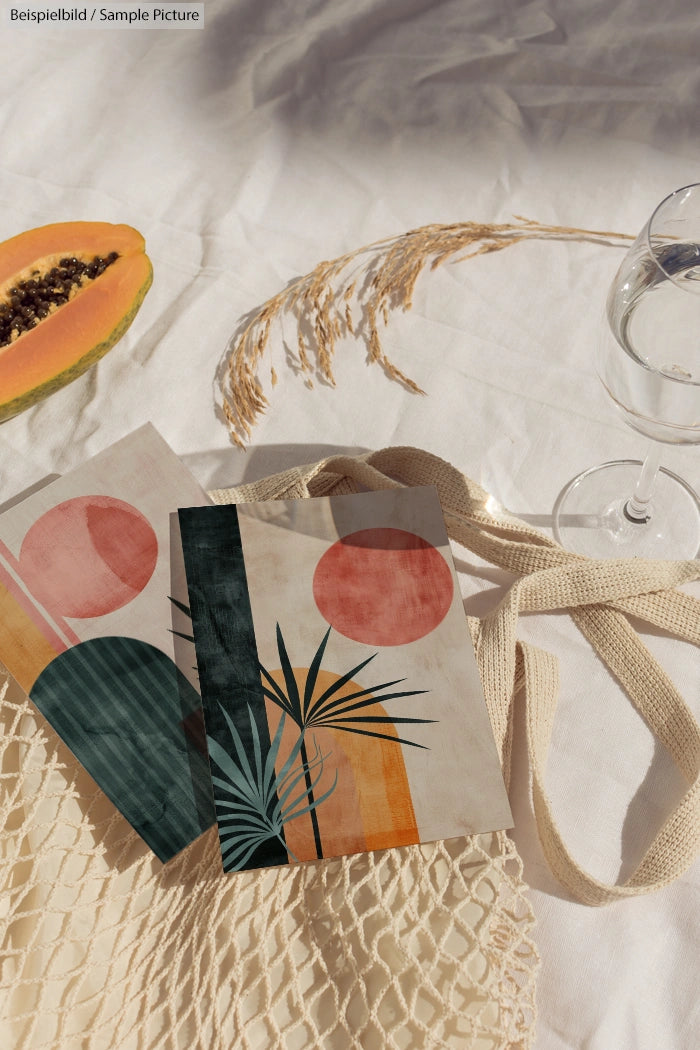 Abstract art prints, papaya, wine glass, and cloth bag on a sunlit surface.