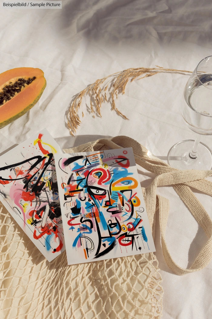 Abstract art prints on cloth with sliced papaya and glass of water, under natural light.