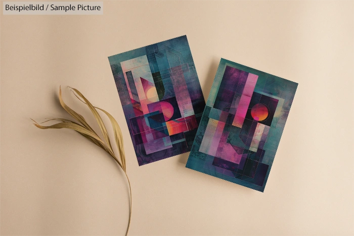 Two geometric abstract art prints on a textured background with dried plant stem.