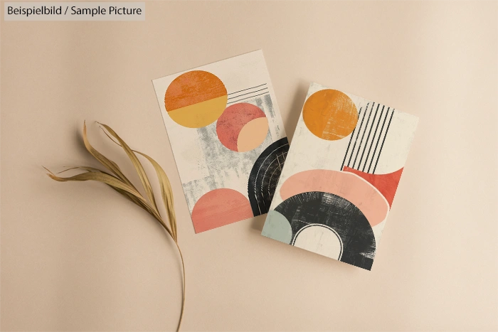 Two abstract geometric prints with circles and arcs, in orange, pink, and black on a beige background with dried grass.