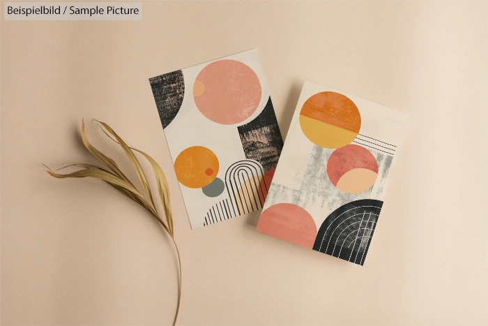 Abstract art prints with geometric shapes in orange, black, and beige tones on a neutral background with a dried leaf.