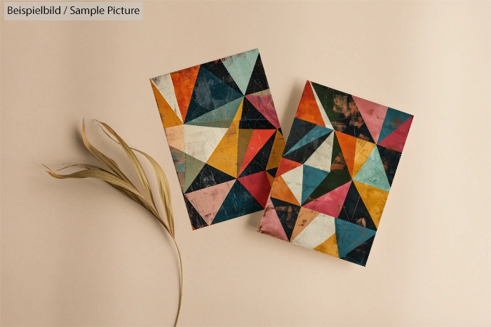 Two colorful geometric abstract paintings on beige background with a dried leaf for decoration.