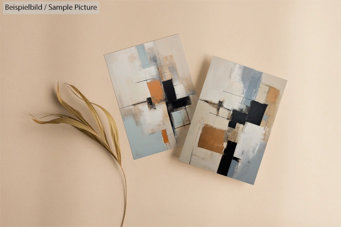 Two abstract geometric paintings with beige, black, and blue hues on a beige background with dried plant accents.