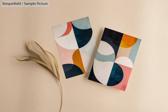 Two modern abstract art prints with bold geometric shapes placed on a beige background with a dry leaf.