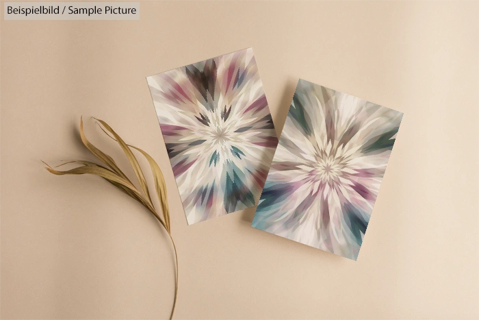 Two abstract flower-like prints on beige surface with dried grass beside.