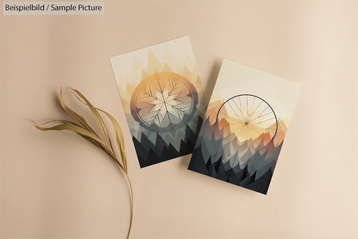 Two abstract mountain prints with geometric sun designs on beige background, accompanied by dried grass.