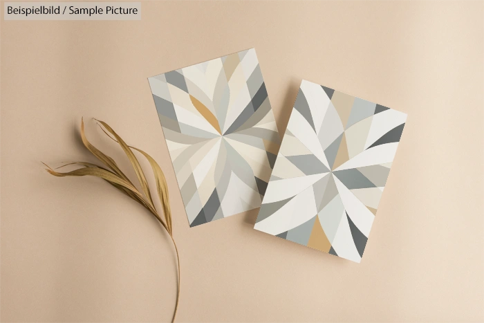 Two graphic art prints with geometric patterns on a beige background, accompanied by a dried grass cluster.