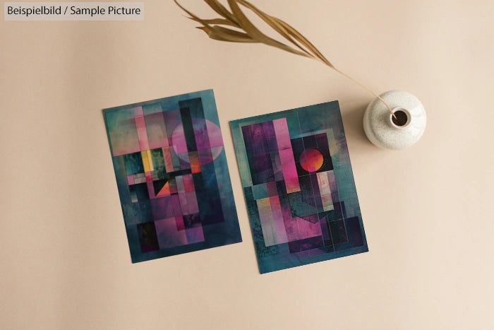 Two abstract geometric artworks on a beige background with a small white vase and a branch beside them.