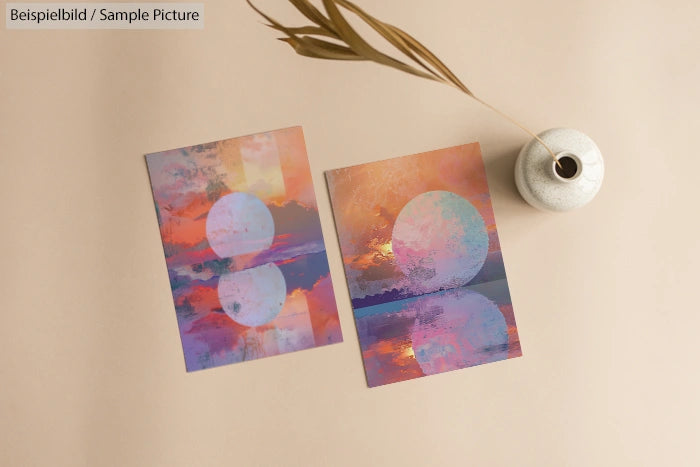 Two abstract art prints with vibrant circular patterns on a beige background, near a white ceramic vase with dried plant.