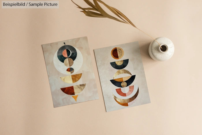 Two abstract art prints with geometric shapes in earthy tones, beside a white vase on a beige surface.