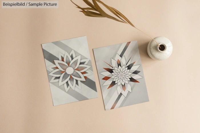 Two geometric flower designs on paper beside a ceramic vase with dried leaves on a beige background.