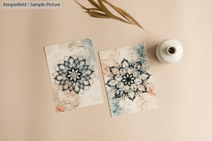 Two floral mandala prints on beige background next to a white ceramic vase with a dried plant.