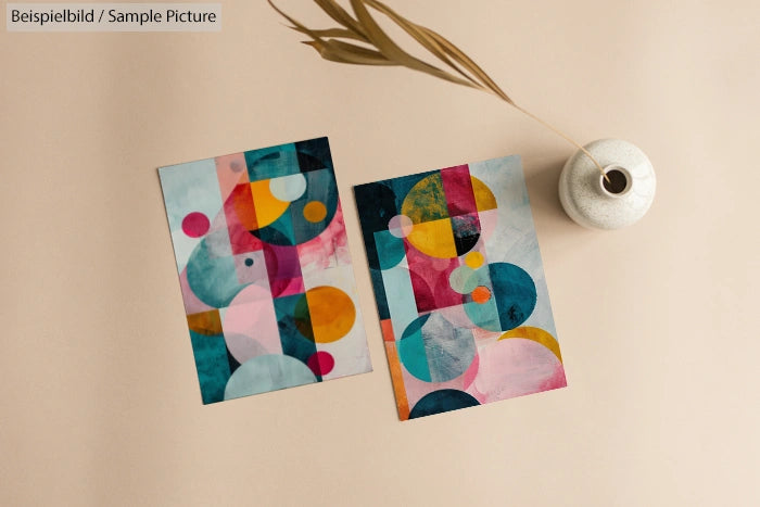 Two abstract art prints with colorful geometric shapes on a beige surface, next to a beige vase with dried plants.