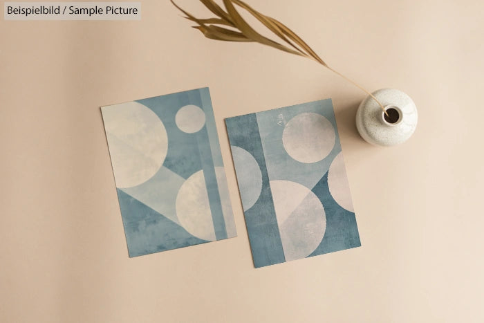 Two blue art prints with white circles on a beige surface, next to a small vase with dried grass.