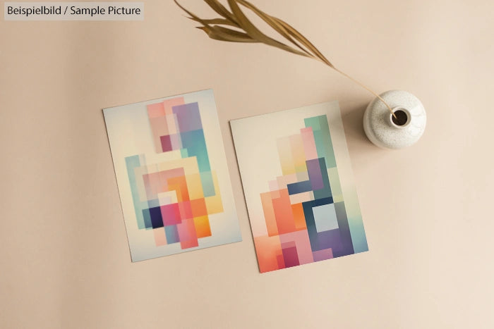 Two colorful abstract paintings with geometric shapes on a beige surface next to a white vase with dried grass.