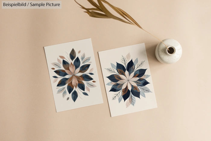 Two floral art prints with geometric leaf patterns, set on a beige surface next to a vase with a dried plant.