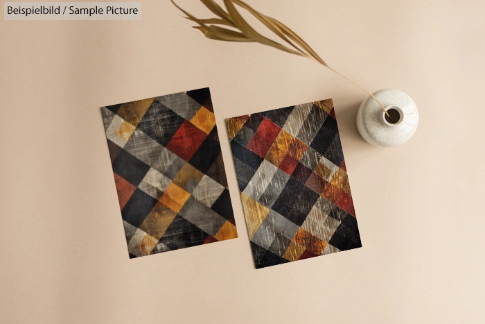 Two geometric abstract art prints on a beige surface with a decorative vase and dried branch.