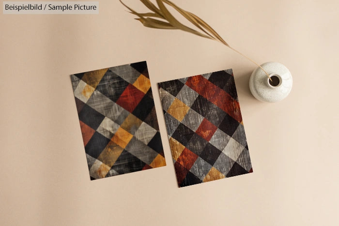 Two geometric-patterned postcards on a beige table with a ceramic vase and dried leaves.