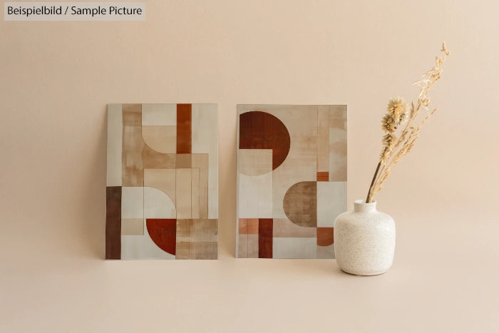 Abstract geometric art prints and a vase with dried flowers on a beige background.