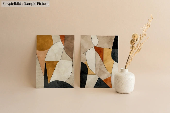 Two abstract geometric paintings with earthy tones on a beige background, next to a vase with dried flowers.