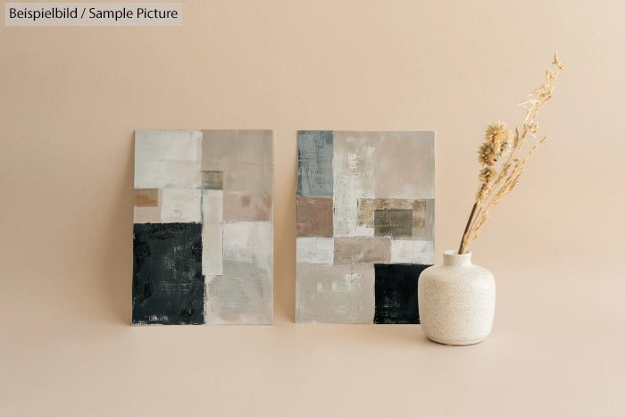 Two abstract paintings with beige, black, and gray geometric shapes next to a white vase with dried flowers.