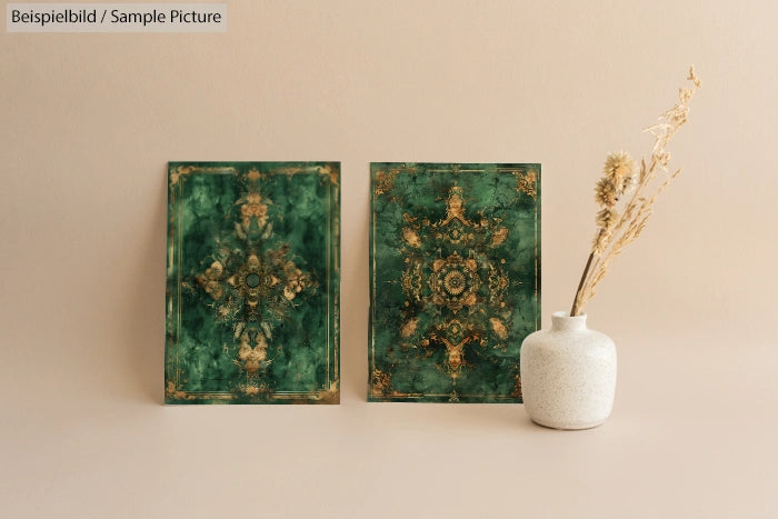 Two ornate green and gold decorative panels and a white vase with dried flowers on beige background.