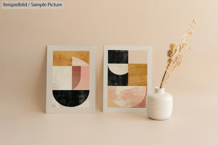 Two abstract art prints with geometric shapes in soft tones, placed on a beige surface, next to a textured ceramic vase.