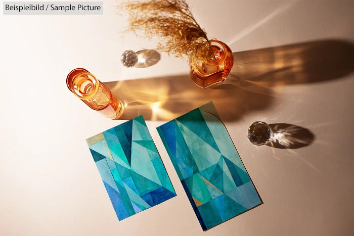 Two geometric blue paintings beside amber glasses casting shadows on a sunlit white surface.