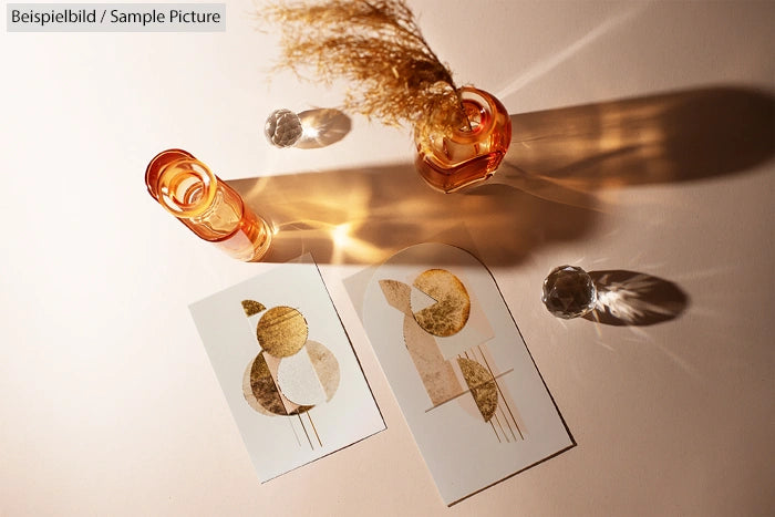 Abstract art prints and amber glassware on a beige surface with dried pampas grass casting shadows.