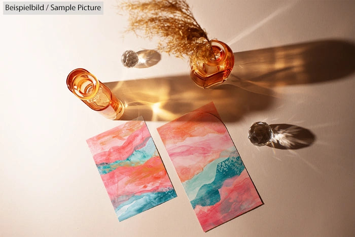 Two abstract watercolor paintings with pink, blue, and peach tones on a beige table, next to glass vases casting shadows.