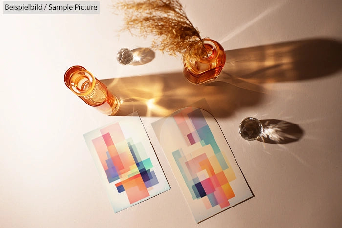 Artistic composition with colored geometric prints, glass vases casting shadows on a table.