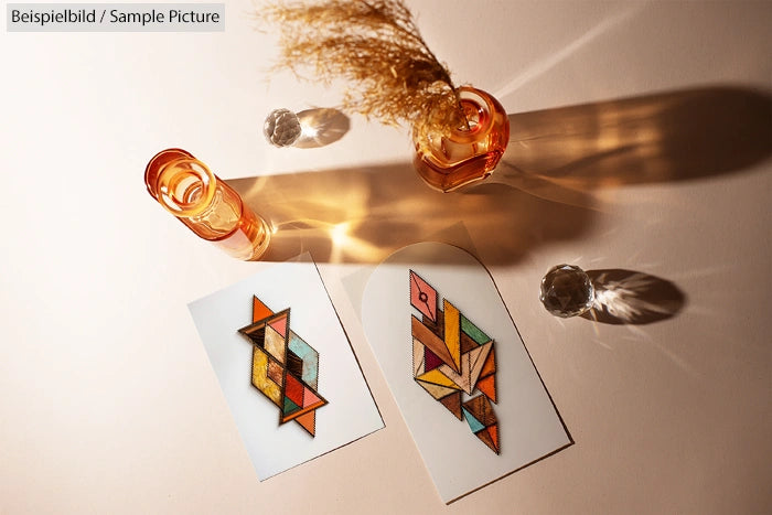 Two abstract stained glass pieces on a table with amber glass and dried plant casting shadows.