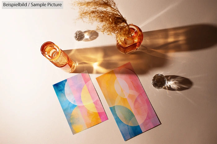 Colorful abstract geometric prints lit by warm sunlight next to decorative glassware casting shadows.